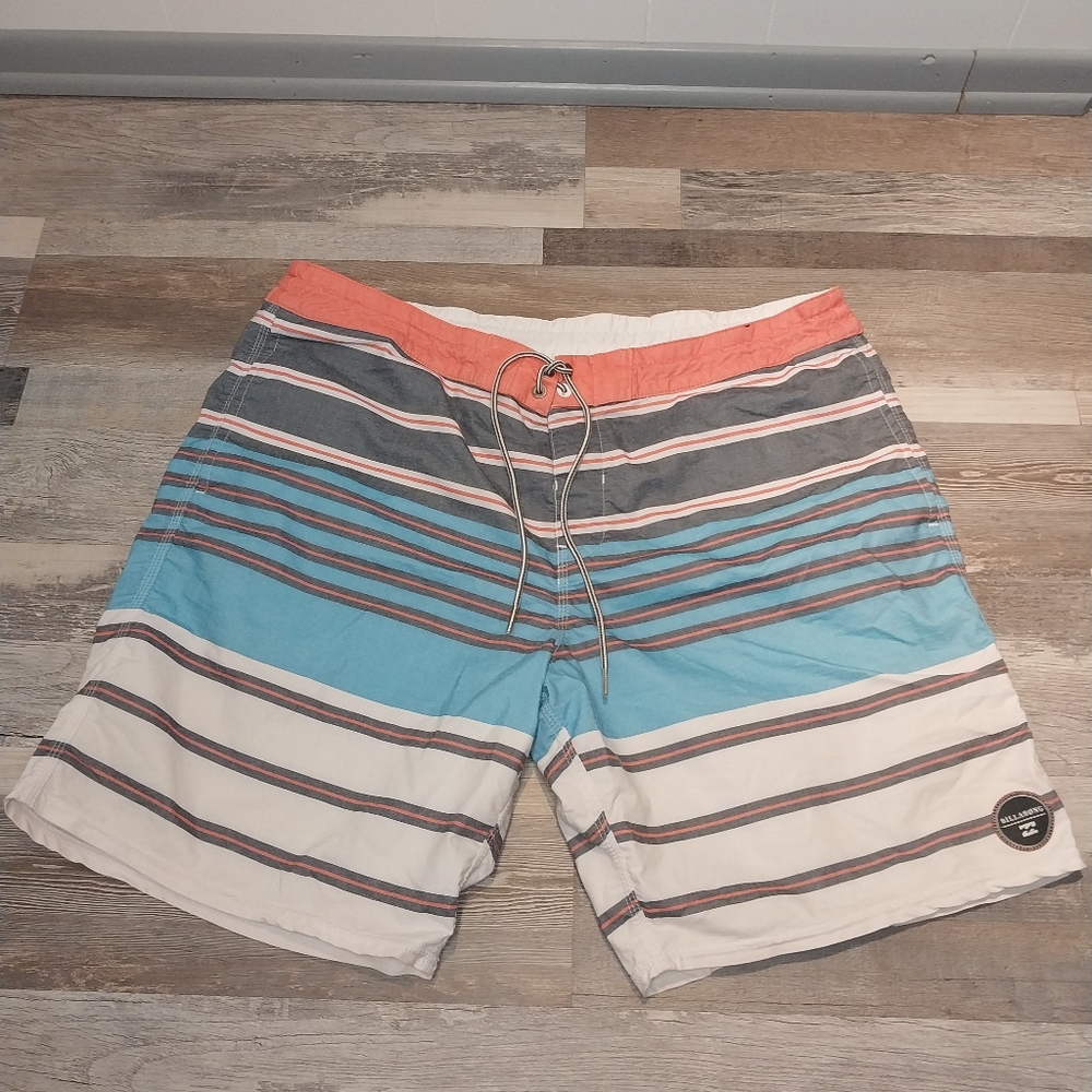 Billabong Mens Swim Trunks, Size 38, Blue Grey and Orange
